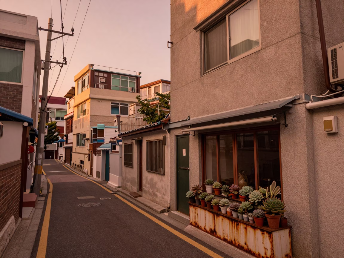 Busan Street Scene in Copper-Toned Dusk Light with Local Market Details in in Busan, South Korea