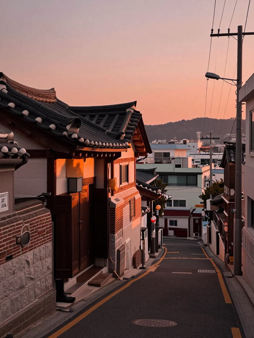 Busan Street Scene in Copper Toned Light Before Dusk with Hammered Metal in in Busan, South Korea