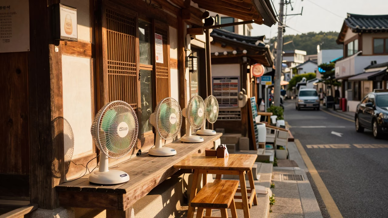 Busan Street Scene in Honeyed Evening Light with Table Fans and Window Frames in in Busan, South Korea
