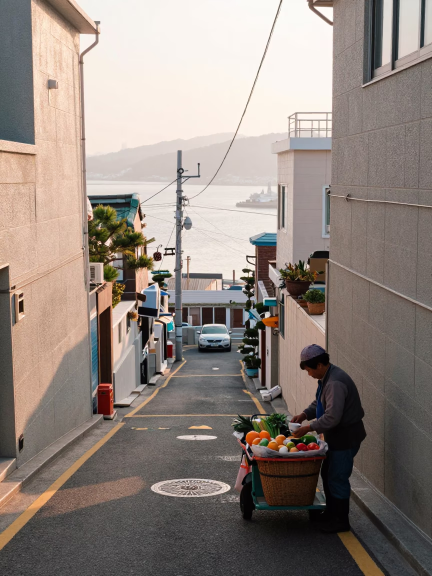 Busan Street Scene Just After Sunrise with Basket and Cup in in Busan, South Korea