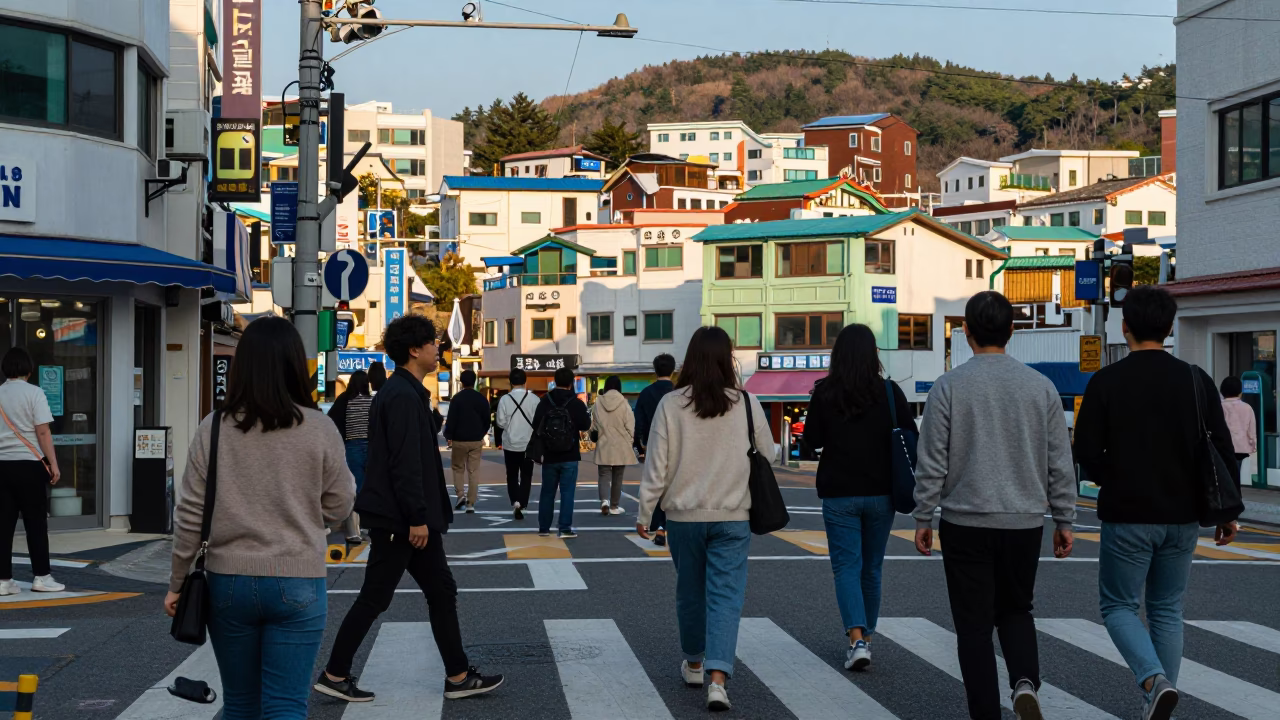 Busan Street Scene Late Afternoon Light Casual Clothing and Local Details in in Busan, South Korea