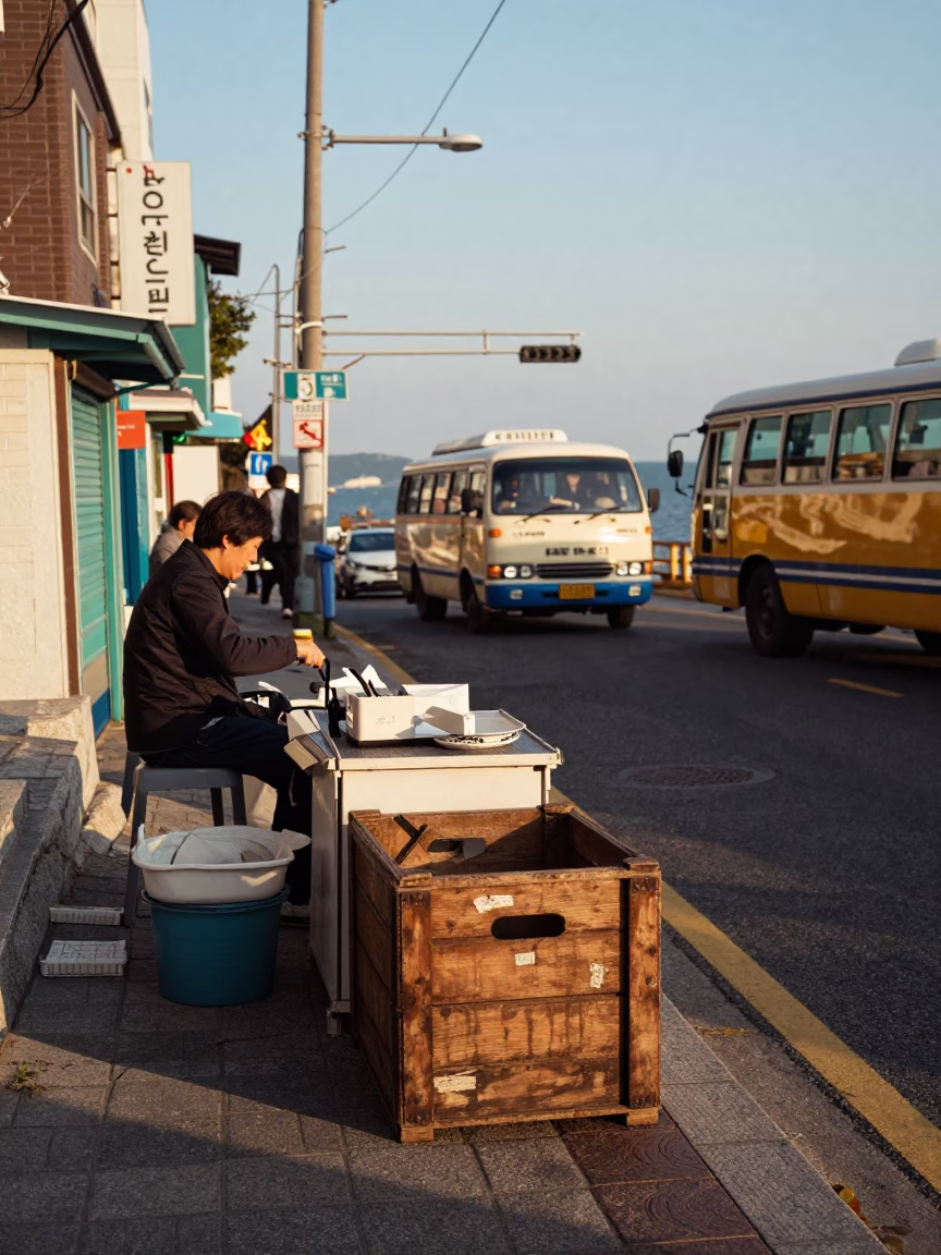 Busan Street Scene Late Afternoon Light with Vintage Crate and Local Commerce in in Busan, South Korea