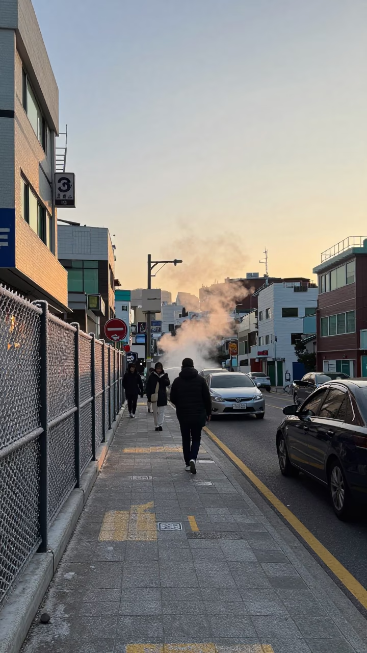 Busan Street Scene Late Afternoon Steam Rising from District Heating Pipes Behind Frost Fence in in Busan, South Korea