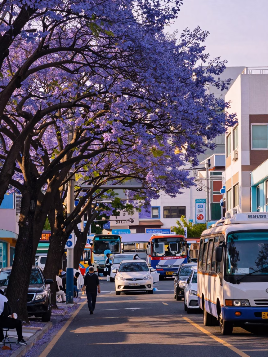 Busan Street Scene Late Afternoon with Purple Jacaranda Tree and Urban Architecture in in Busan, South Korea