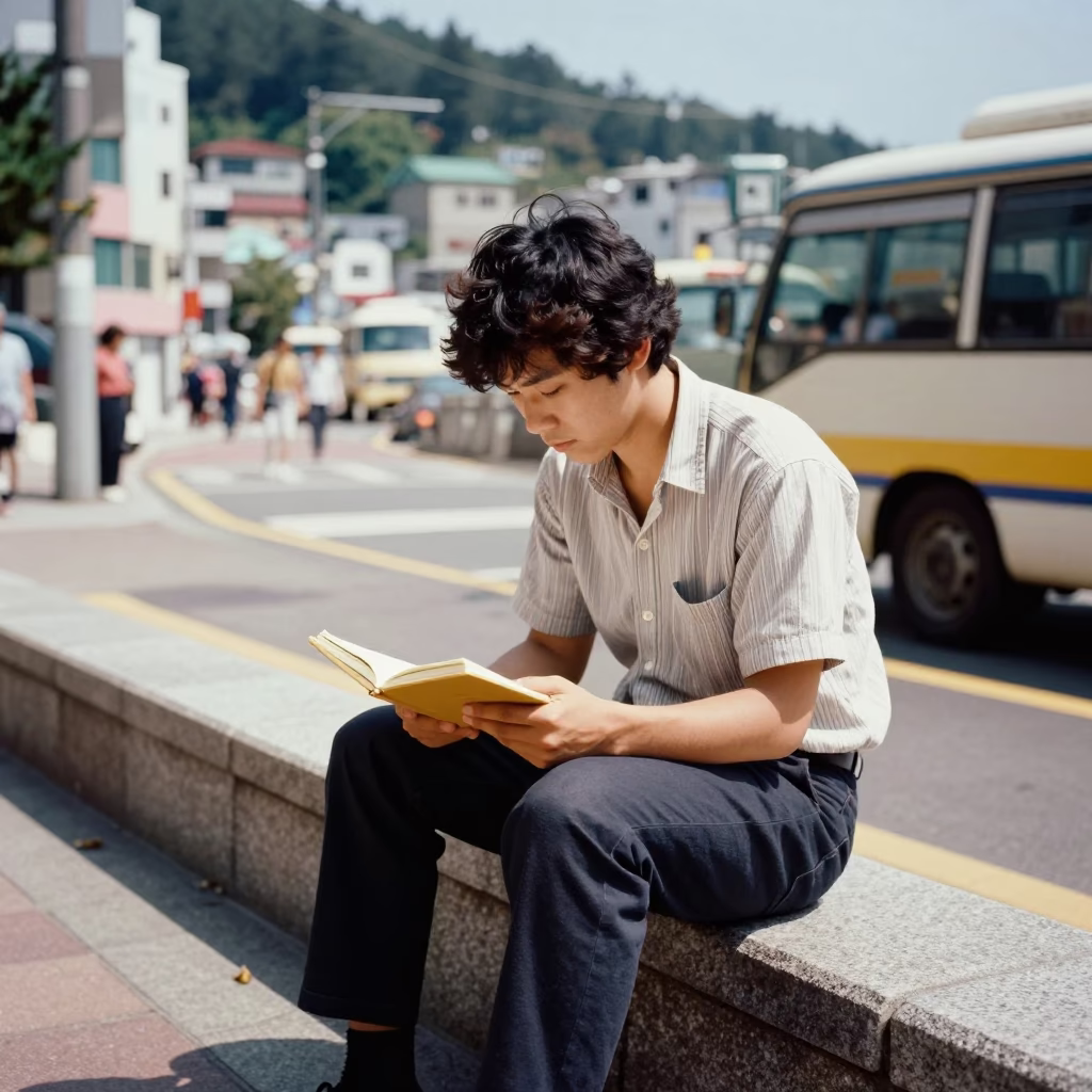 Busan Street Scene Under Noon Sun with Notebook and Canaan Dog in in Busan, South Korea