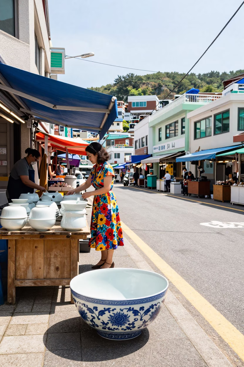 Busan Street Scene with Blue and White Porcelain Bowl in Bright Midmorning Light in in Busan, South Korea