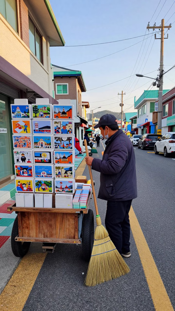Busan Street Scene with Hand Broom and Postcards in Early Afternoon Light in in Busan, South Korea