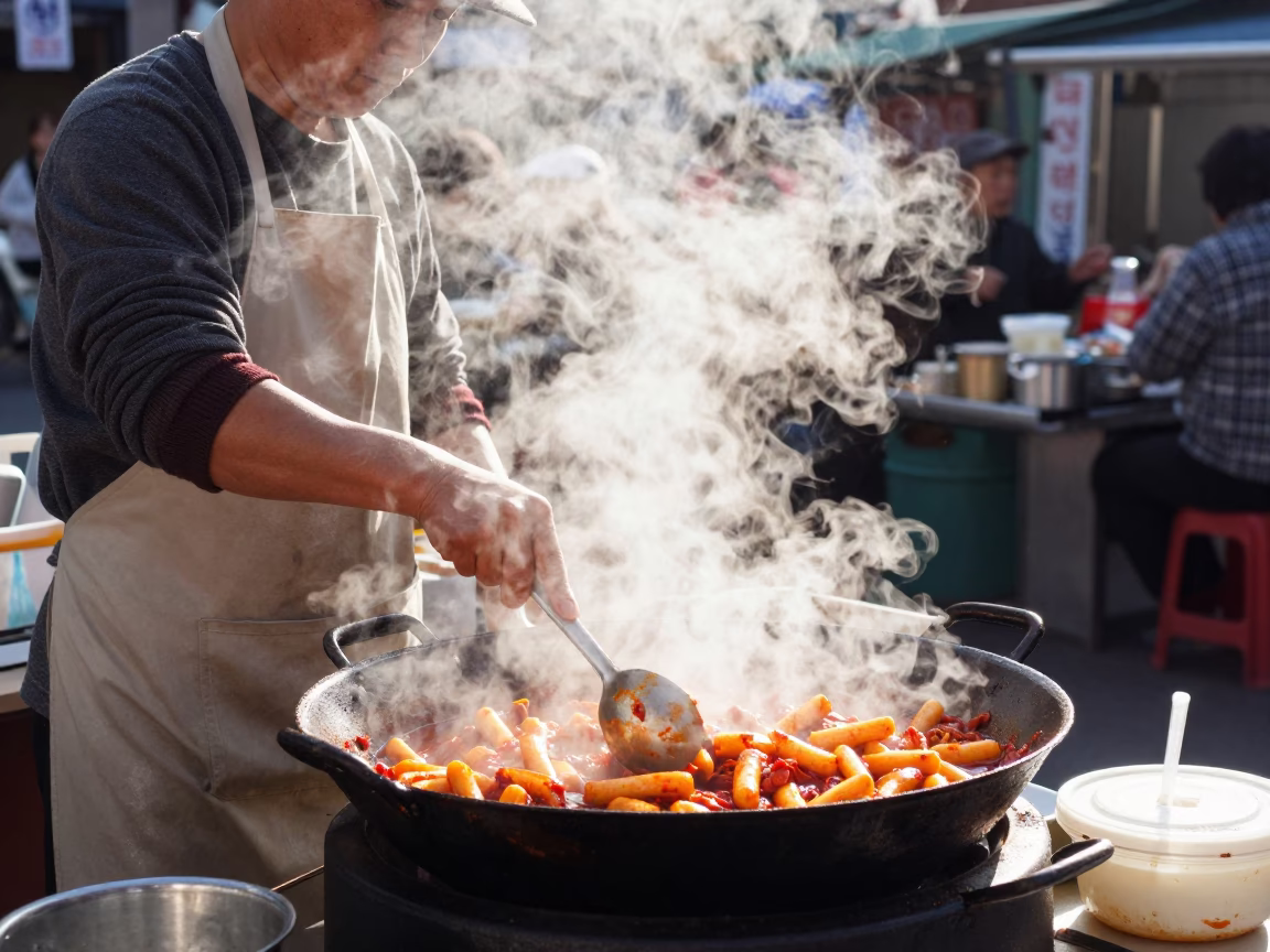 Busan Street Vendor Cooking Tteokbokki at Midday with Steam and Urban Background in in Busan, South Korea