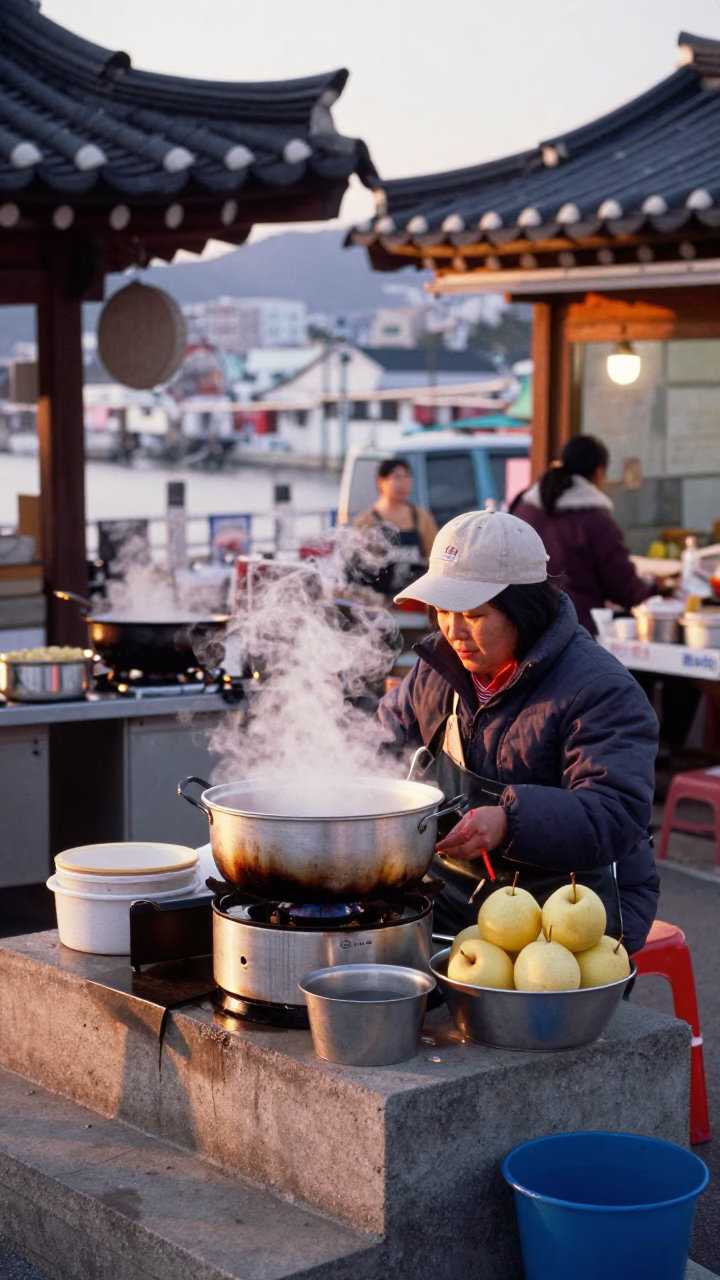 Busan Street Vendor Dawn Cooking Pot and Pears at Gukje Market in in Busan, South Korea