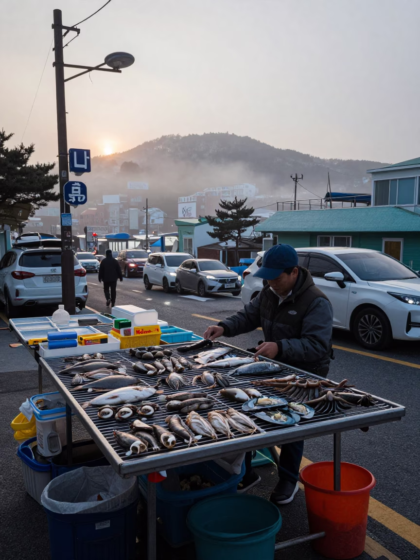 Busan street vendor early morning with drying rack and tongs in in Busan, South Korea