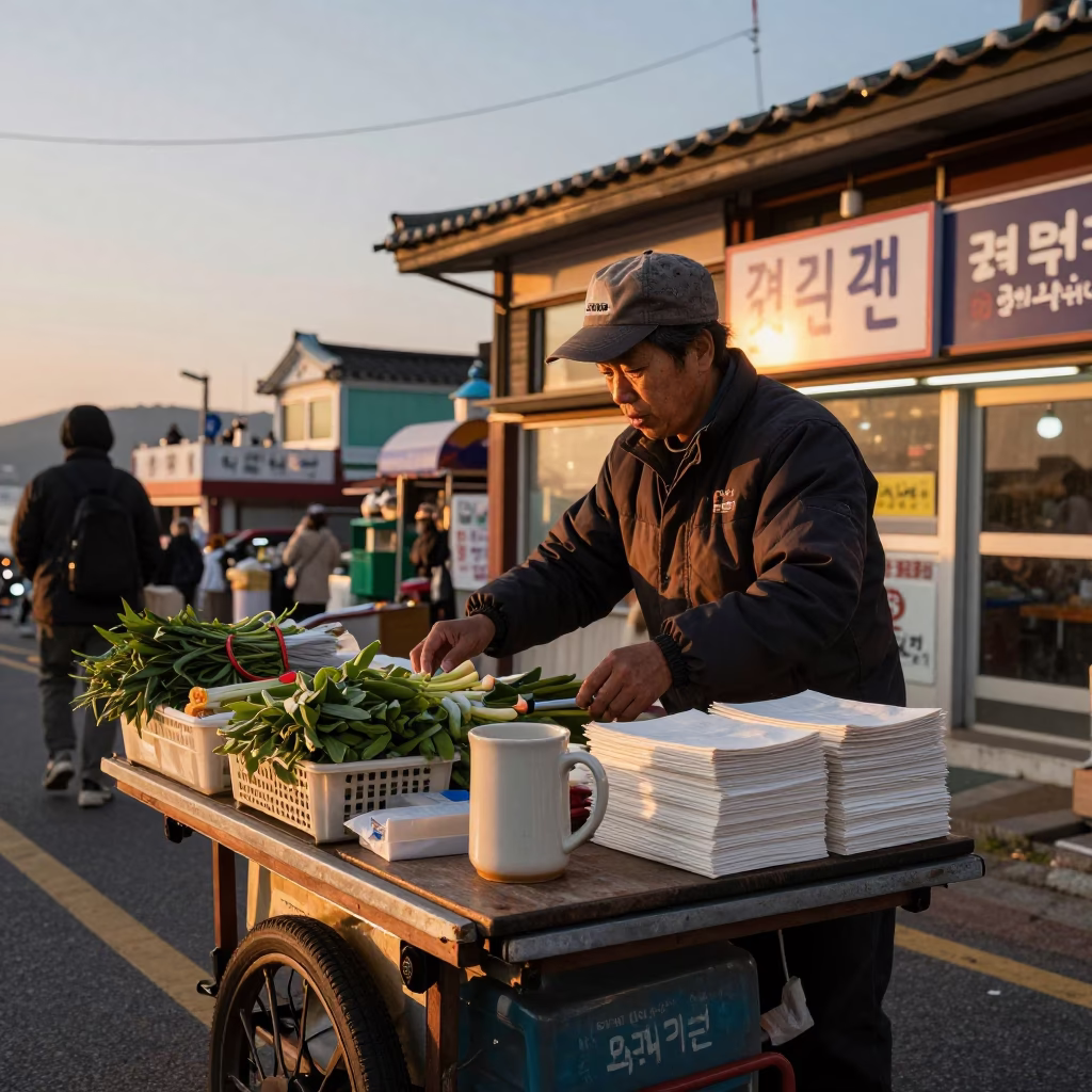 Busan Street Vendor Evening Scene with Ceramic Mug and Cherry Blossoms in in Busan, South Korea