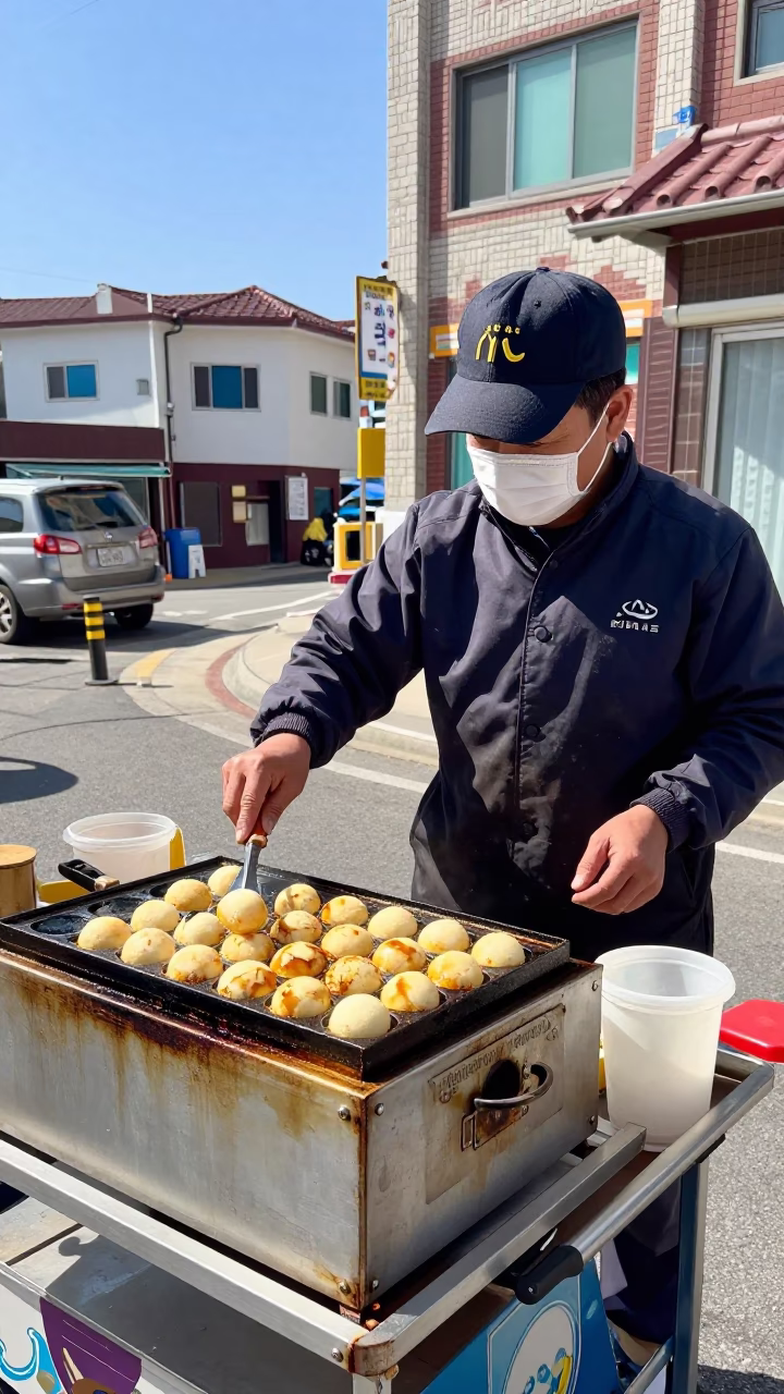 Busan Street Vendor Grilling Takoyaki Under Harsh Noon Sunlight in in Busan, South Korea