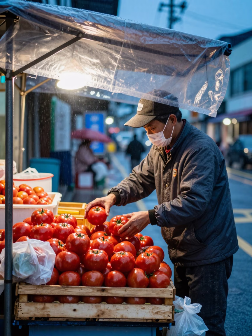 Busan Street Vendor Handling Tomatoes Under Light Rain at Dusk in in Busan, South Korea