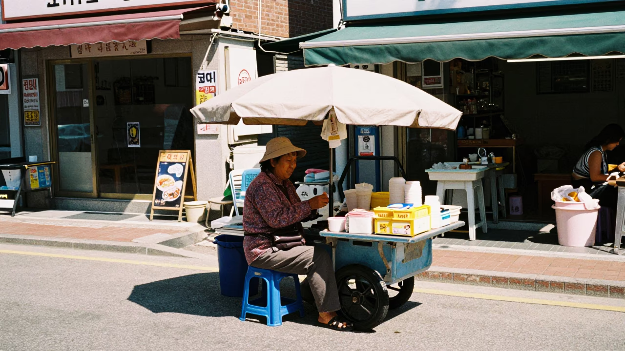 Busan Street Vendor Lunch Break Under Harsh Noon Sun with Ramen and Smudged Rail in in Busan, South Korea