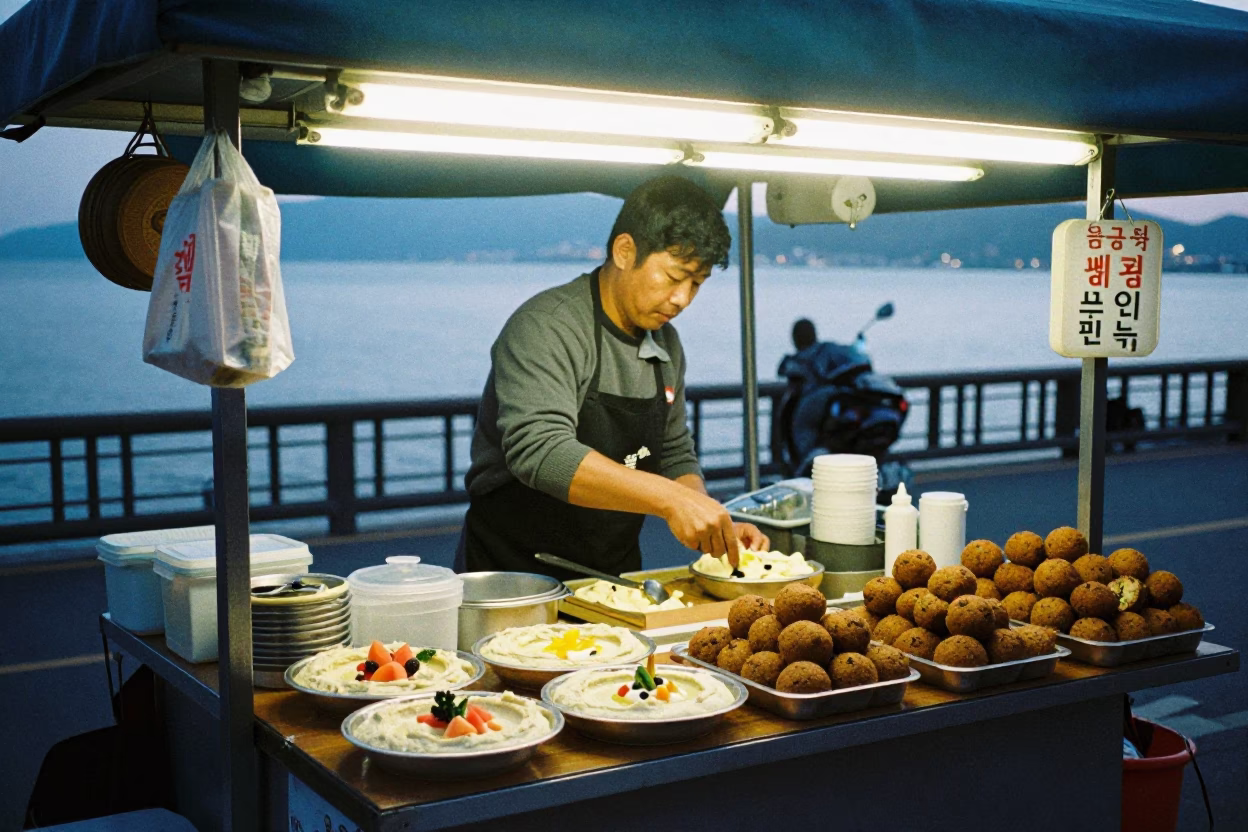 Busan Street Vendor Morning Scene with Hummus Falafel Mezze Platter and Pedestrian Overpass in in Busan, South Korea