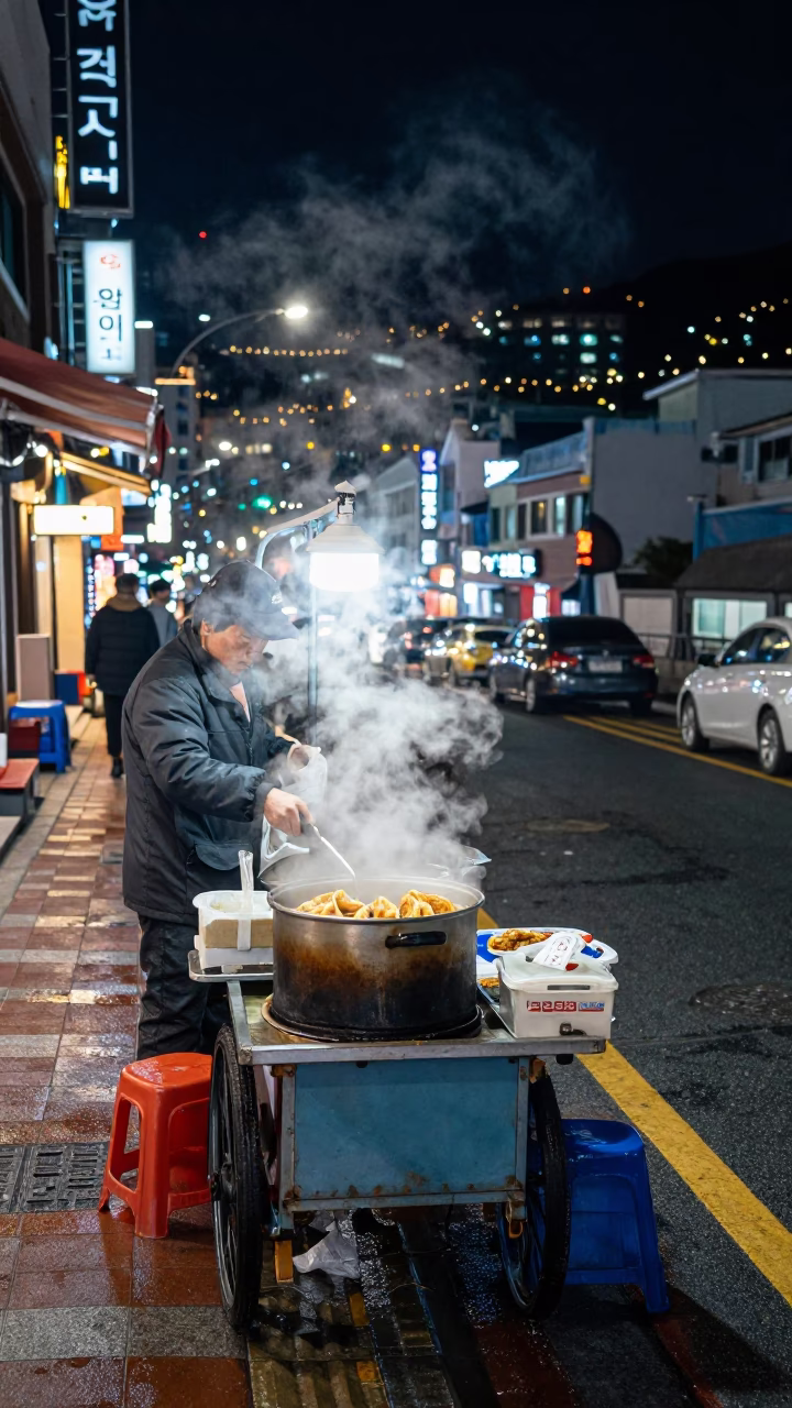 Busan Street Vendor Night Scene with Steam and City Lights in in Busan, South Korea