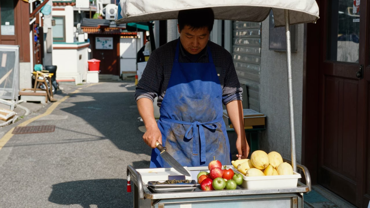 Busan street vendor noon light apron and fruit knife scene in in Busan, South Korea