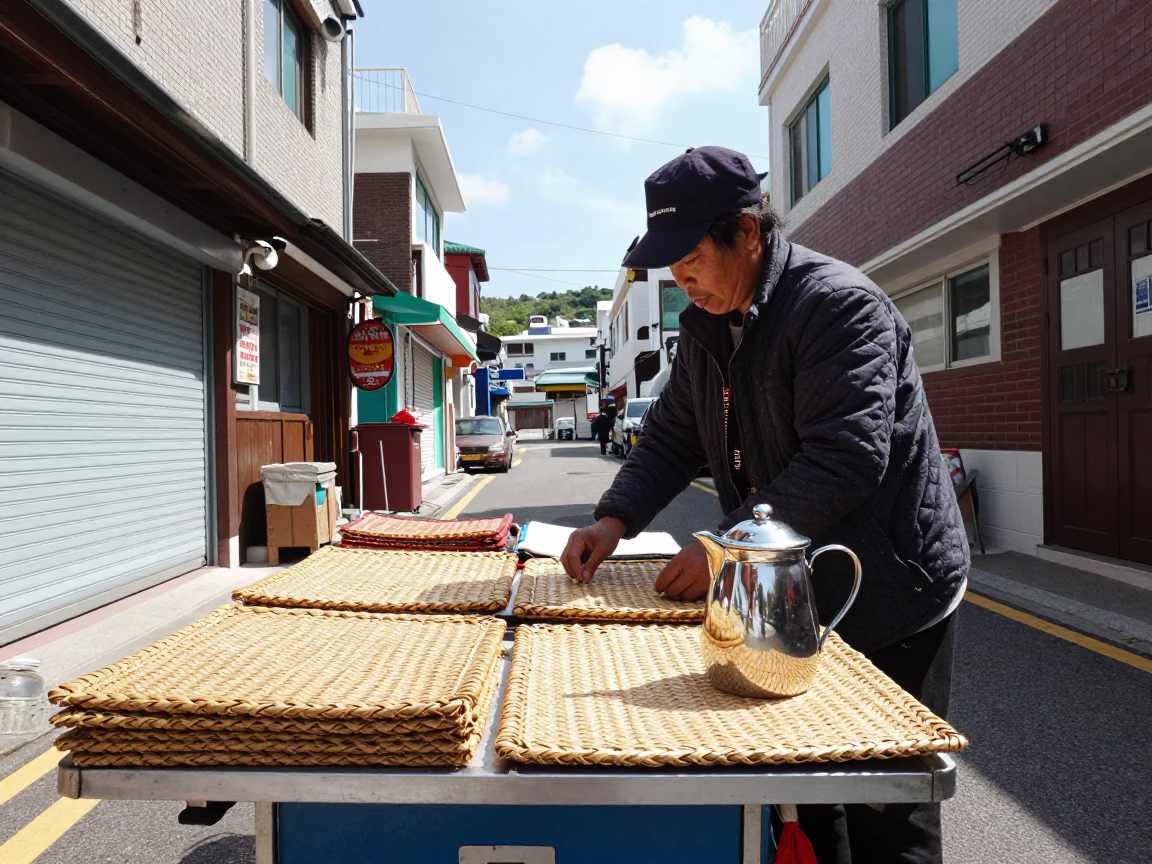 Busan street vendor noon light woven mats and enamel pitcher in in Busan, South Korea