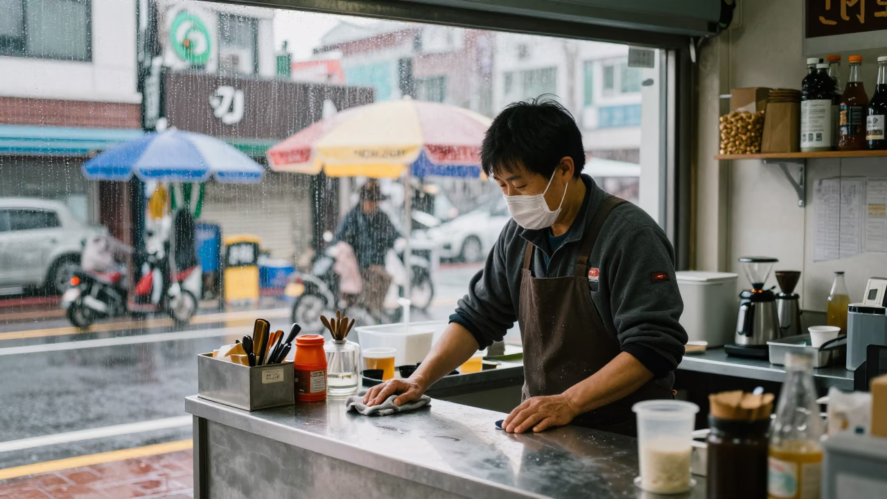 Busan street vendor preparing morning coffee after rain in in Busan, South Korea