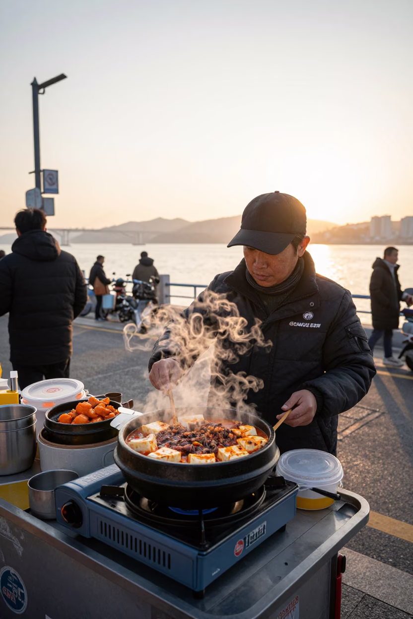 Busan street vendor preparing spicy mapo tofu near Gwangalli Beach at sunrise in in Busan, South Korea