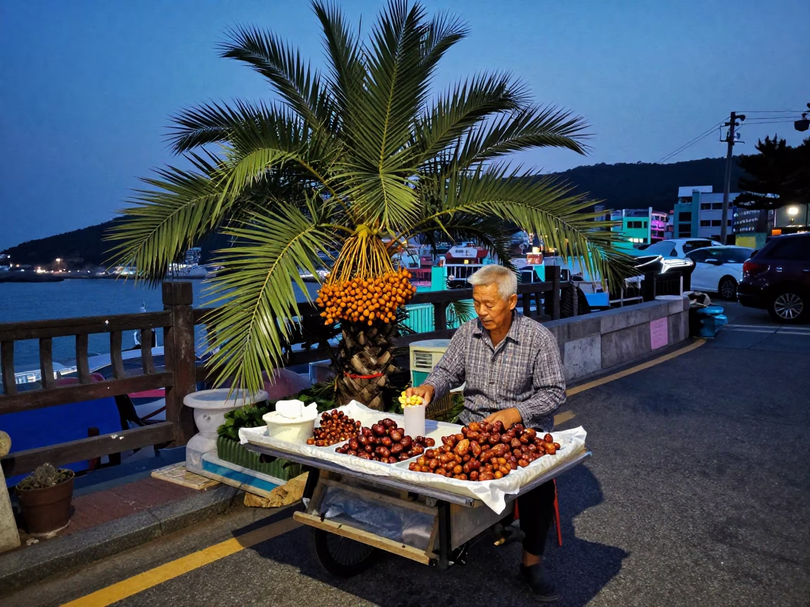 Busan Street Vendor Selling Fresh Dates Under Indigo Twilight Sky in in Busan, South Korea