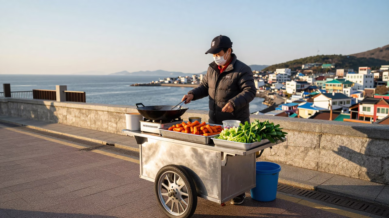 Busan Street Vendor Selling Spicy Tteokbokki with Green Vegetables in Late Afternoon Light in in Busan, South Korea