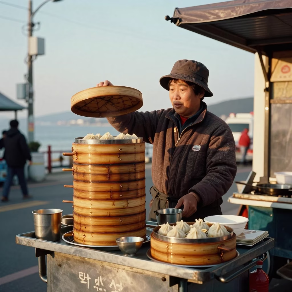 Busan Street Vendor Serving Dim Sum Steamers in Golden Evening Light in in Busan, South Korea