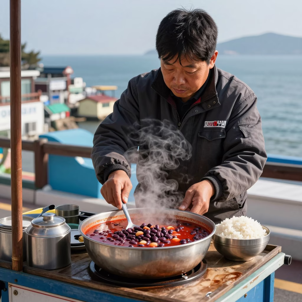Busan Street Vendor Serving Fasolia Bean Stew in Clear Late Afternoon Light in in Busan, South Korea