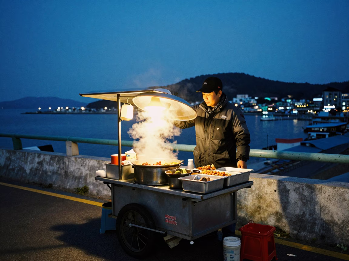 Busan Street Vendor Serving Hot Food Under Twilight Sodium Lights in in Busan, South Korea