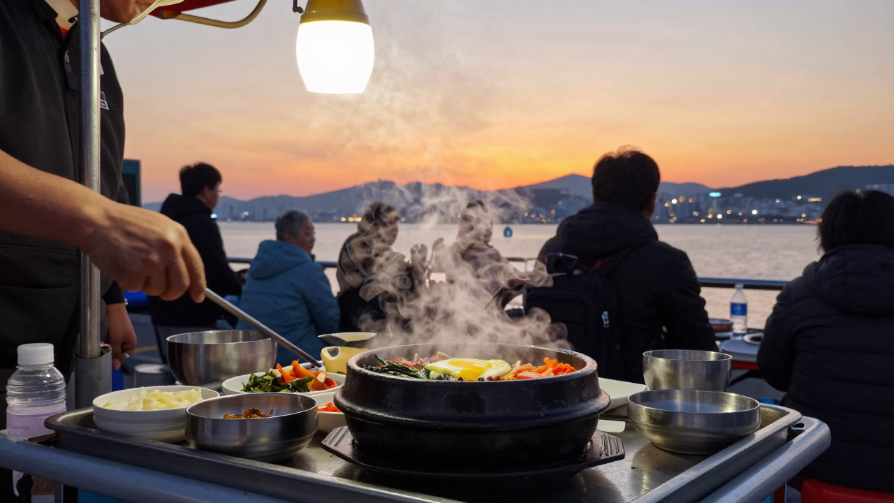 Busan street vendor serving sizzling dolsot bibimbap at sunset with stone bowl and steam in in Busan, South Korea