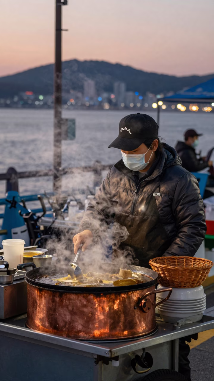 Busan Street Vendor Sizzling Pan with Wicker Basket in Copper Dusk Light in in Busan, South Korea