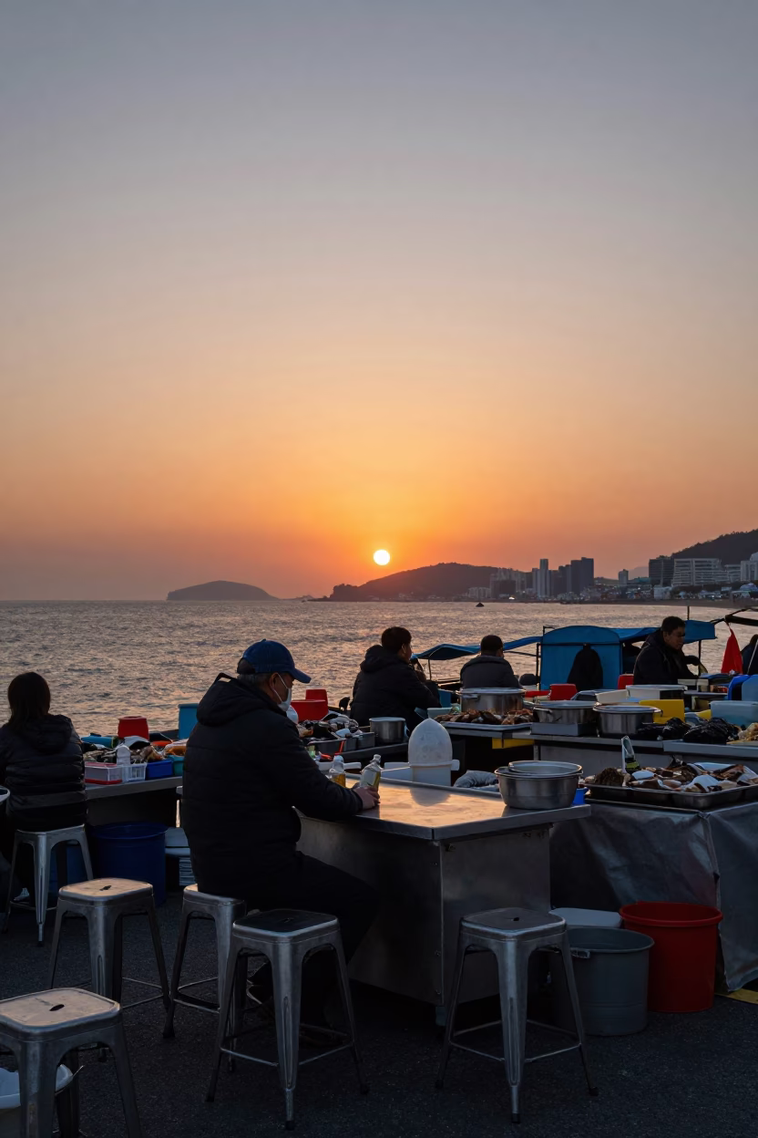 Busan Street Vendor Sunset Metal Stools Seafood Market Evening in in Busan, South Korea