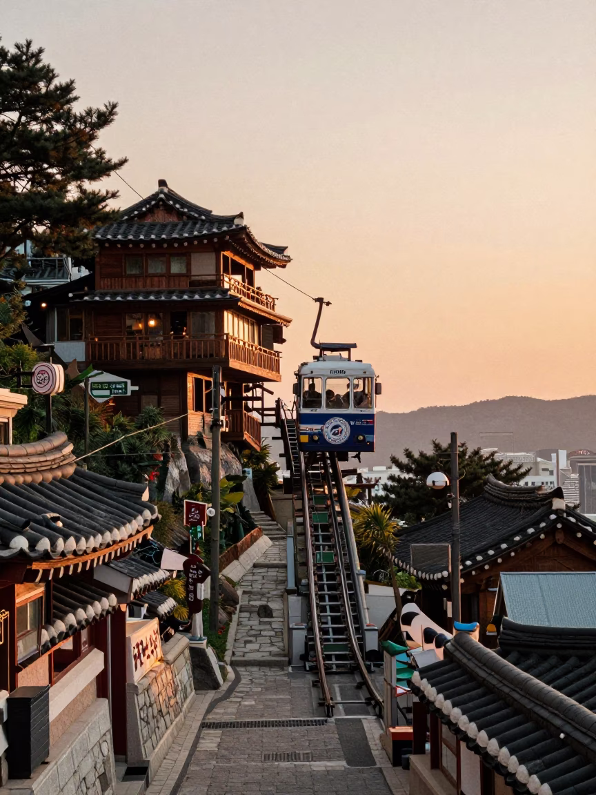 Busan Sunset Funicular Cliffside Restaurant View with Local Street Details in in Busan, South Korea
