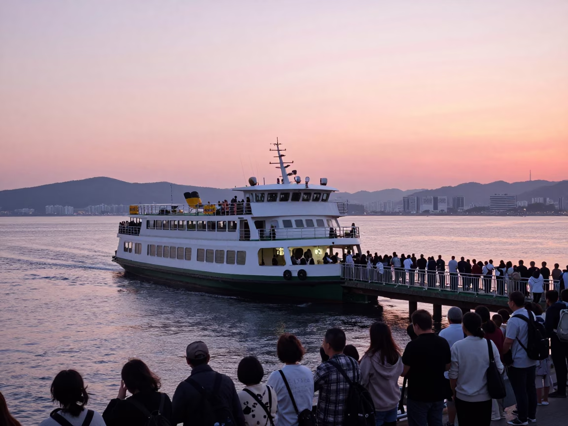 Busan Sunset River Ferry Crossing with Crowded Passengers and Urban Skyline in in Busan, South Korea