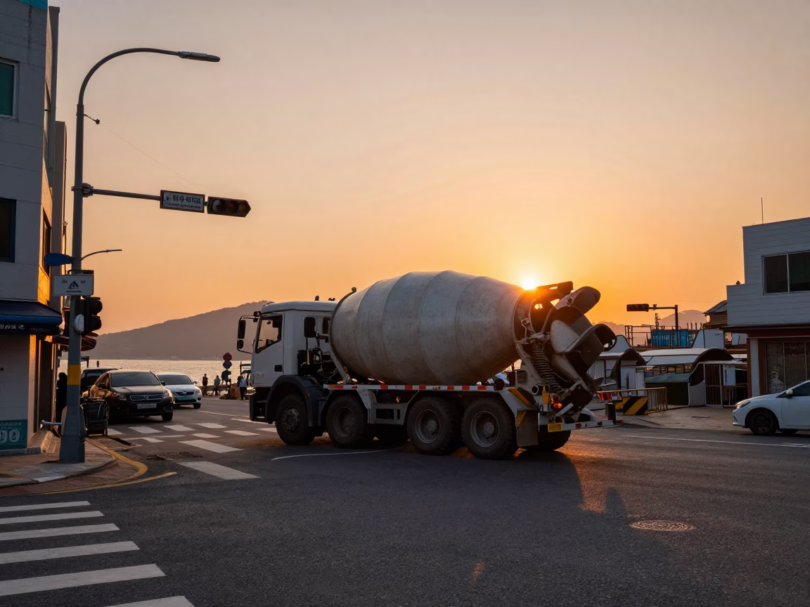 Busan Sunset Street Scene with Cement Mixer and Brushed Steel Handle in in Busan, South Korea