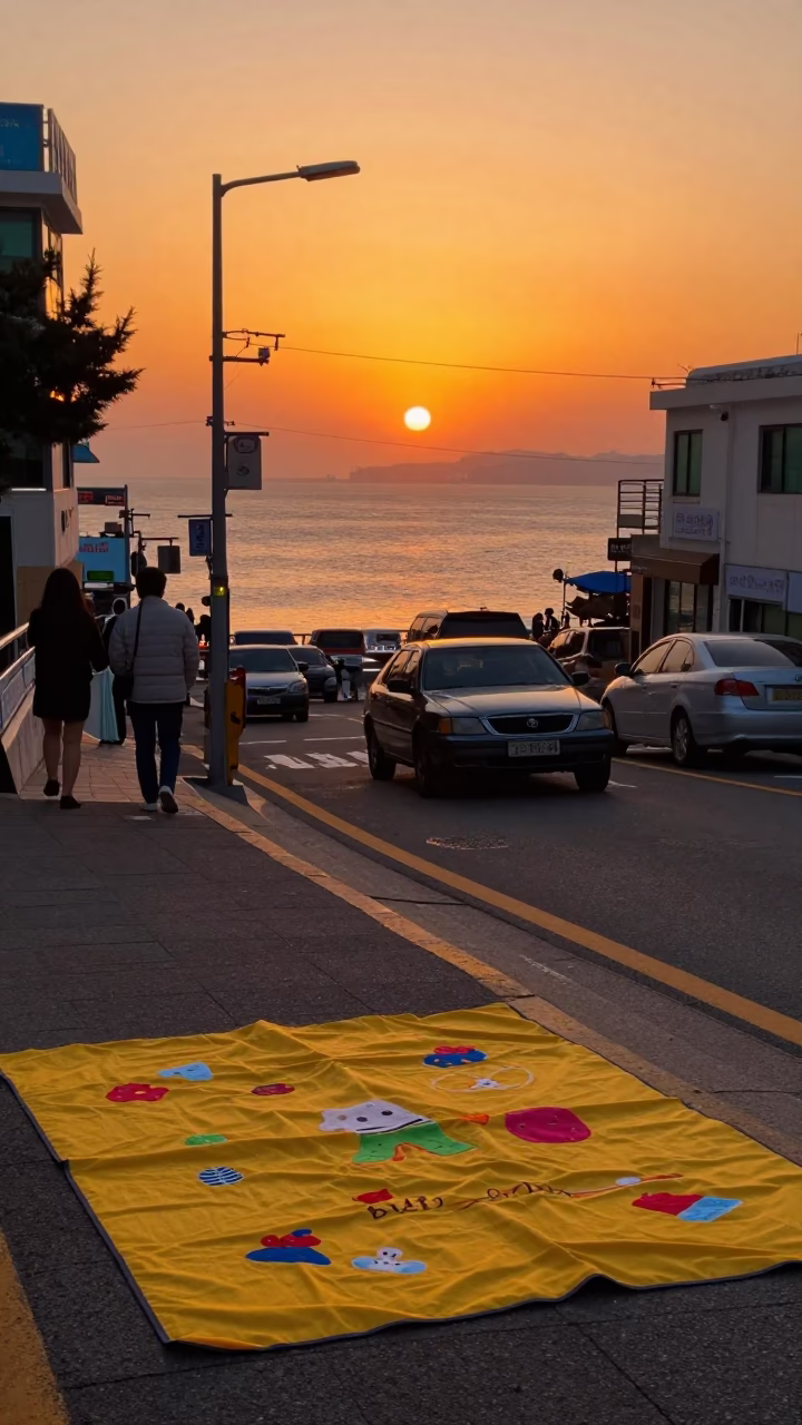 Busan Sunset Street Scene with Colorful Picnic Blanket and Local Vendors in in Busan, South Korea