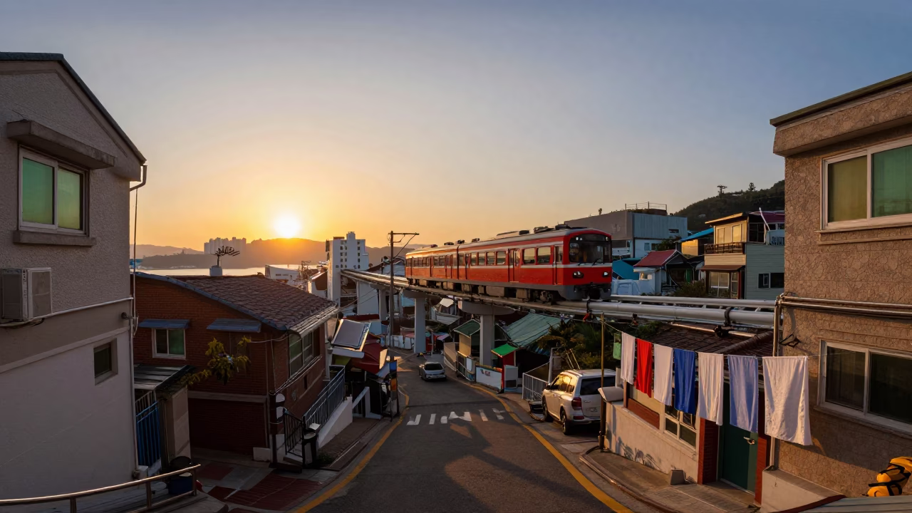 Busan Sunset Street Scene with Commuter Train and Drying Laundry in South Korea in in Busan, South Korea