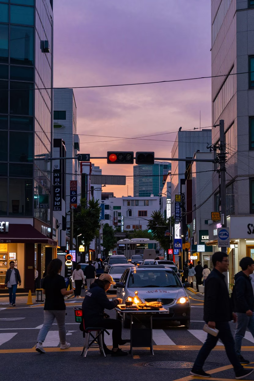 Busan Sunset Street Scene with Food and Urban Details in in Busan, South Korea