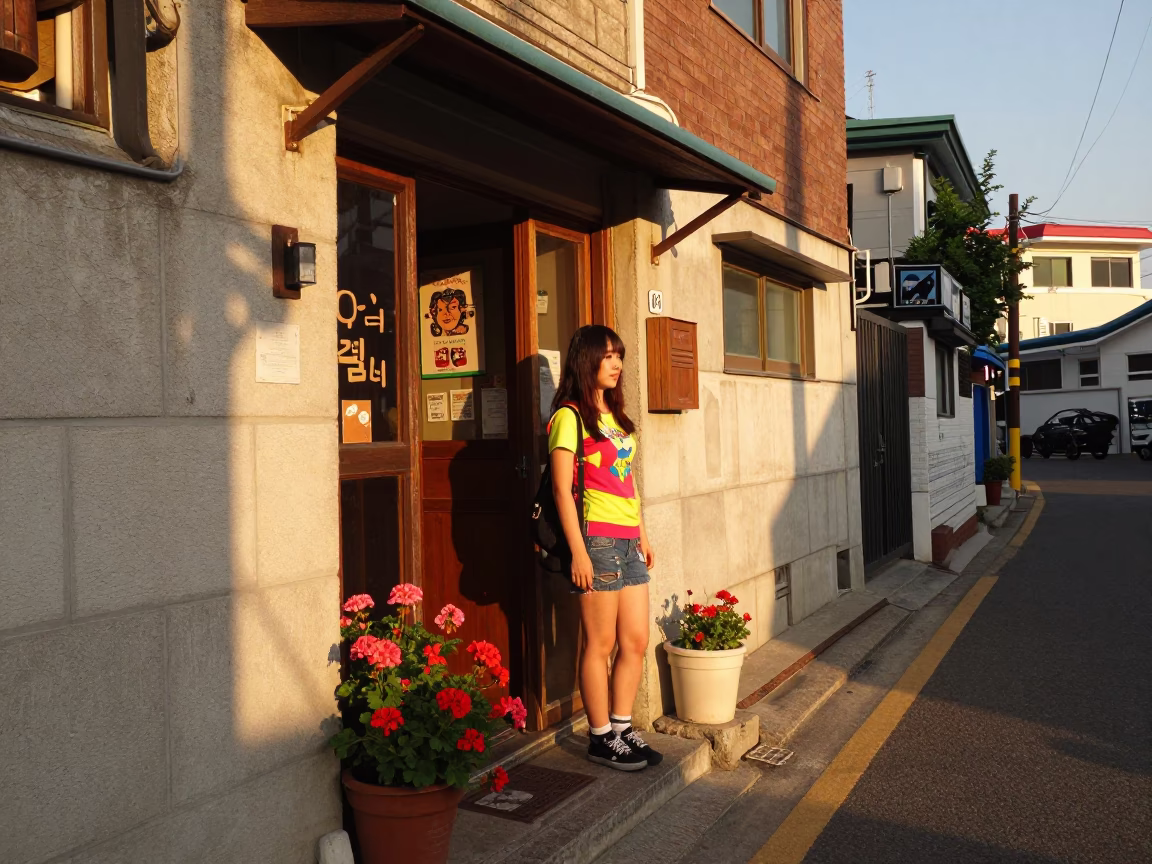 Busan Sunset Street Scene with Geraniums and Local Fashion in in Busan, South Korea