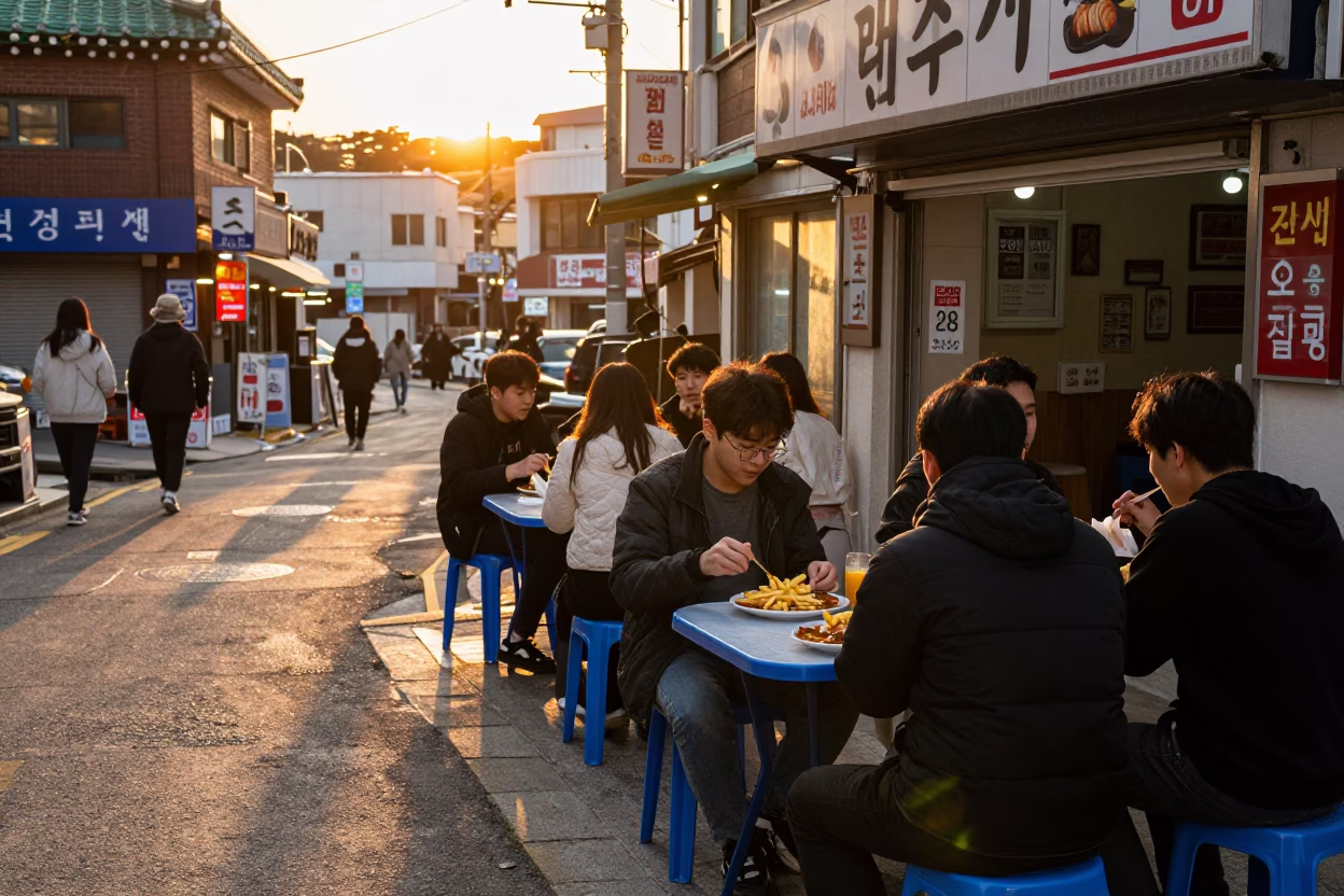 Busan Sunset Street Scene with Local Diners Enjoying Currywurst and Fries Near Haeundae Beach in in Busan, South Korea