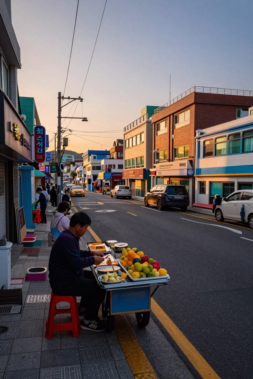 Busan Sunset Street Scene with Local Food Vendors and Urban Life in in Busan, South Korea