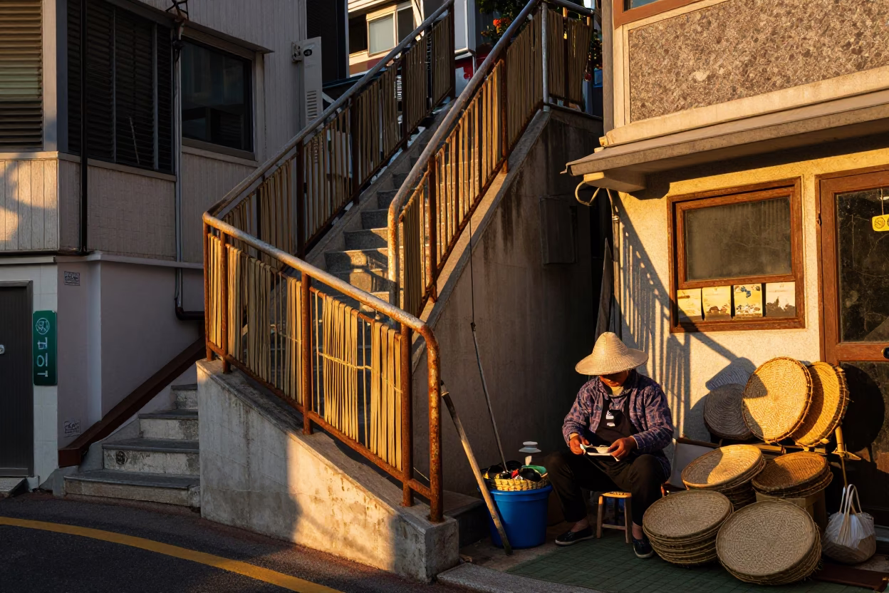 Busan Sunset Street Scene with Stair Rail and Woven Cane Texture in in Busan, South Korea