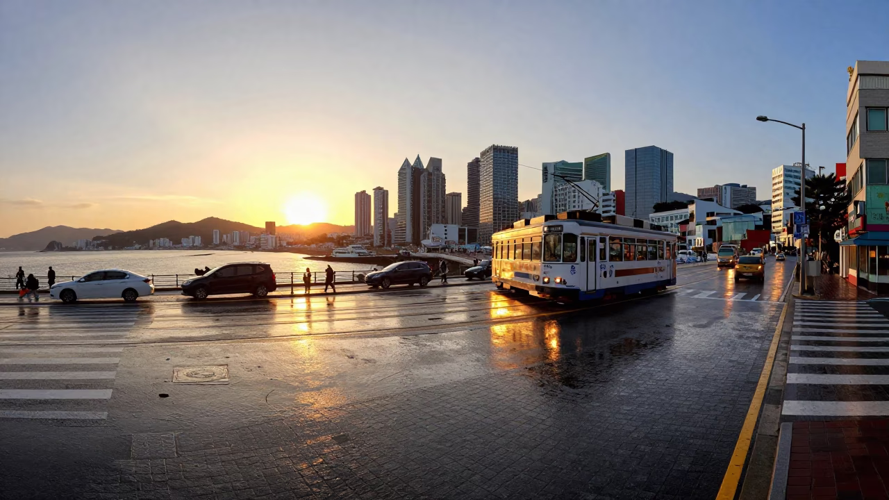 Busan Sunset Street Scene with Tramcar Reflection on Wet Cobblestones in in Busan, South Korea