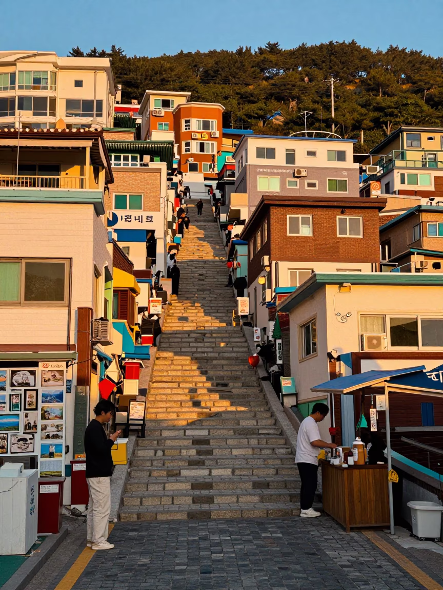 Busan Sunset Street Scene with Vintage Postcards and Local Commerce in in Busan, South Korea