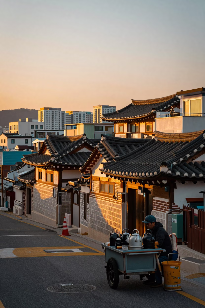 Busan Sunset Street Scene with Vintage Tea Kettles and Local Life in in Busan, South Korea