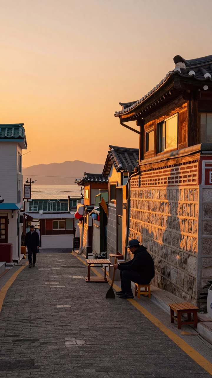 Busan Sunset Street Scene with Wooden Trowel and Deck of Cards on Cobblestone in in Busan, South Korea