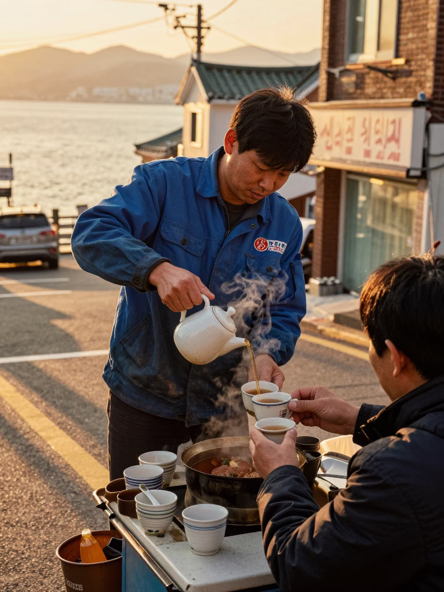 Busan Sunset Street Vendor Serving Hot Tea from Ceramic Mug in in Busan, South Korea