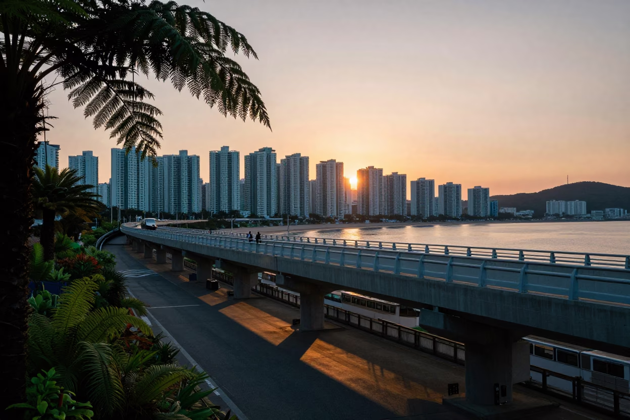 Busan Sunset Viaduct Undercroft with Dripping Ferns and City Lights in in Busan, South Korea
