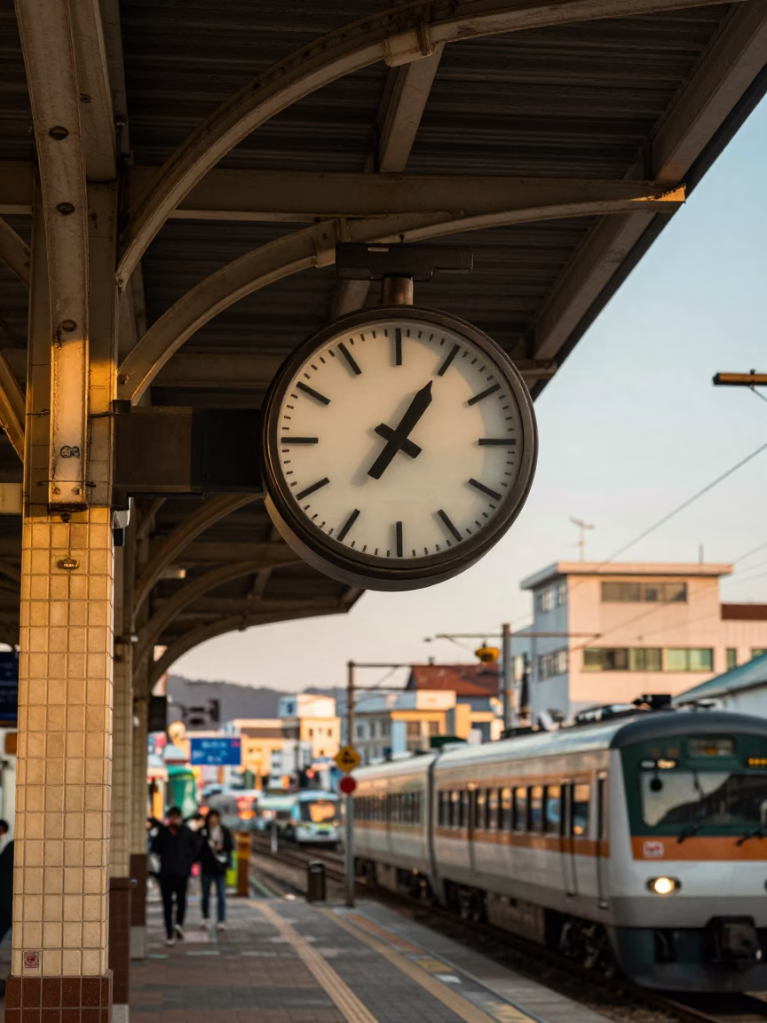 Busan Train Station Clock Under Vaulted Iron Roof During Golden Hour Sunset in in Busan, South Korea
