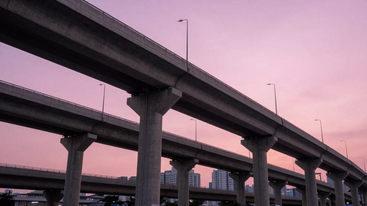 Busan Twilight Highway Flyover Stack Against Pink Sky with Rusty Latch Detail in in Busan, South Korea